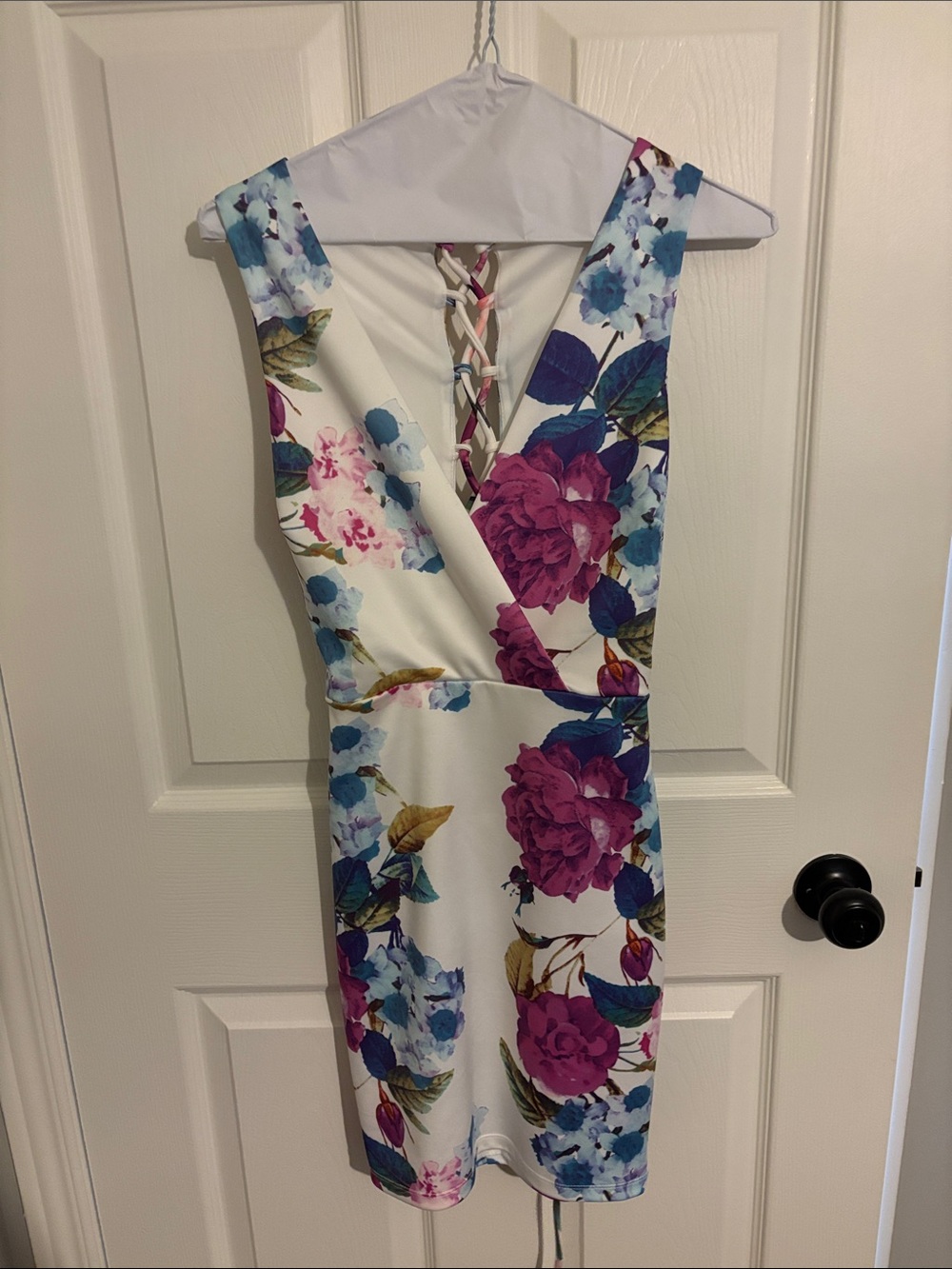 Sleeveless Floral Mini Dress in White with Pink & Blue Blooms